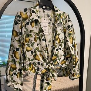 Zara White and Green Lemon Pear Summer Print Blouse